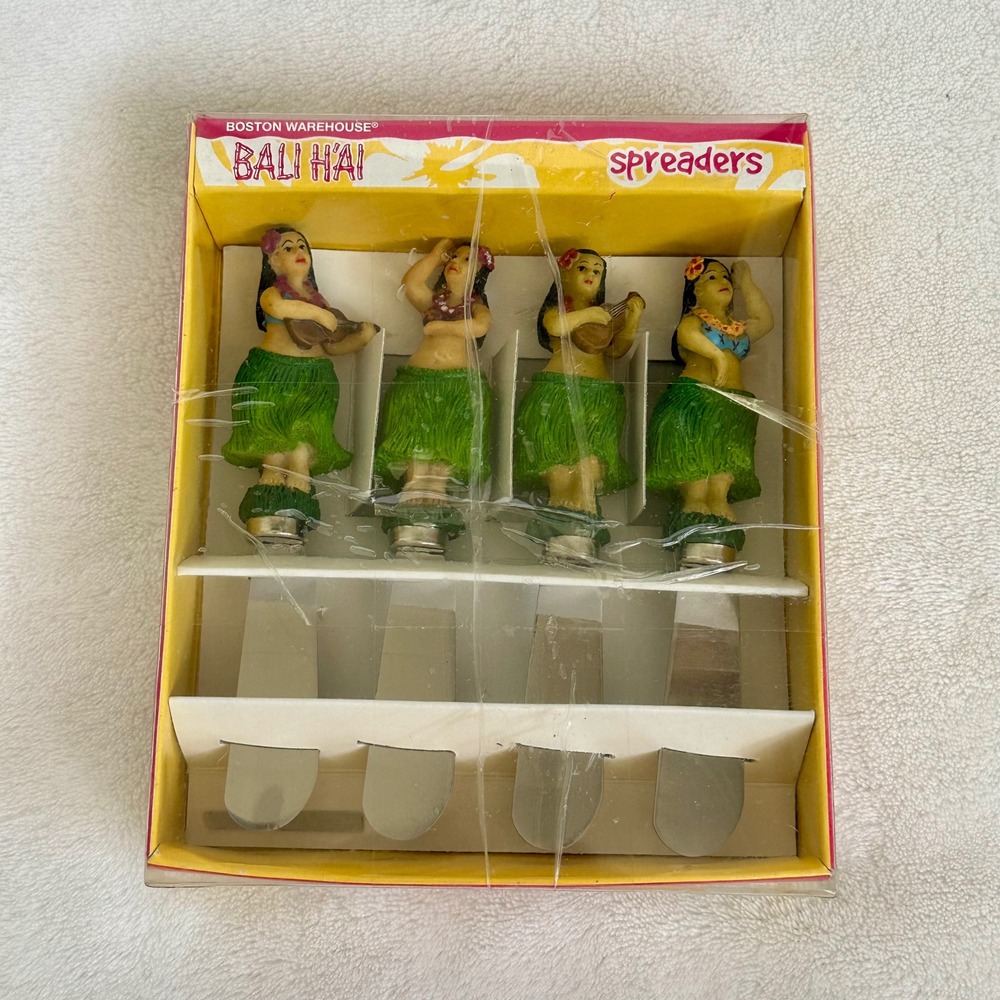 Vintage 2001 Boston Warehouse Bali Hai Hula Girl Cheese Spreader Set 4 NOS